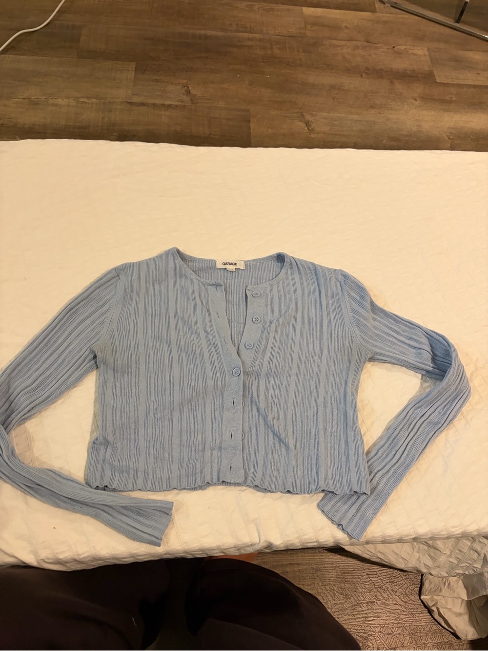 Garage Light Blue Ribbed Button-Front Crop Cardigan